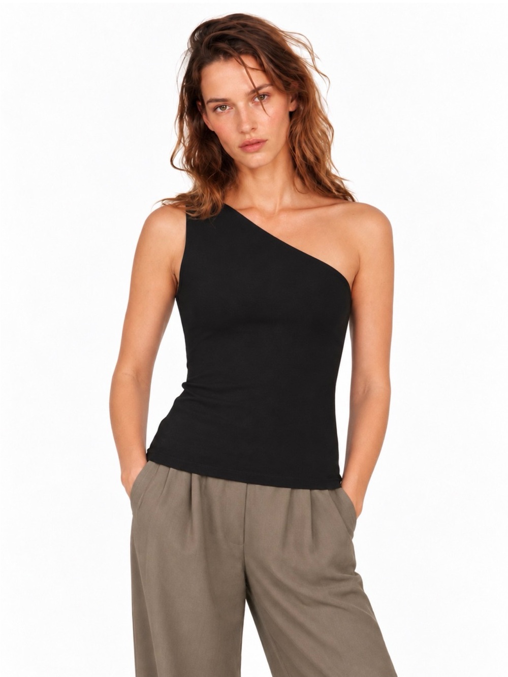 NWOT Cuyana Black One Shoulder Pima Cotton Top Built-In Bra Small/Medium
